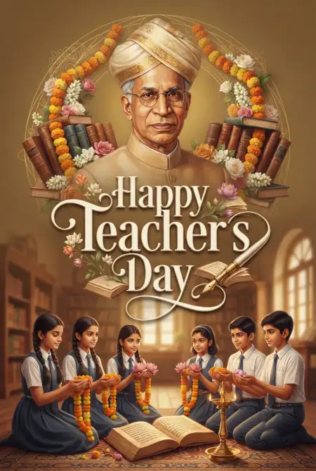 Free Teachers Day Cards With Teacher And Students Image Download