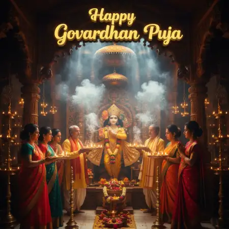Village Scene With Cows Grazing Near Decorated Hill - Free Happy Govardhan Puja 2025 Download