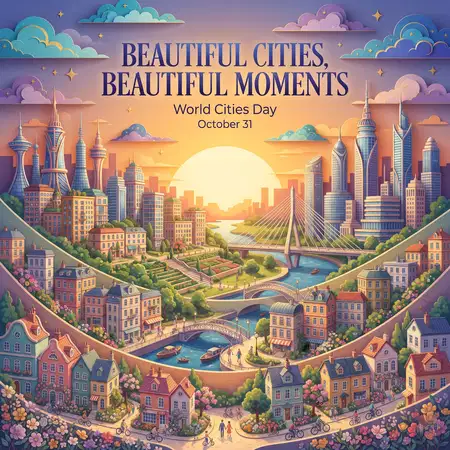 world cities day 2026 beautiful earth and city poster - World Cities Day 2026