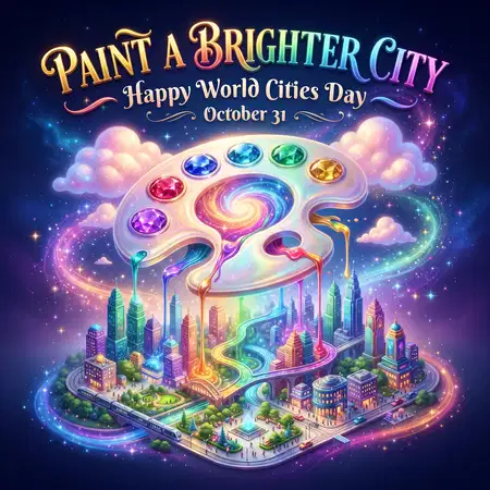 world cities day 2026 colorful skyline greeting - World Cities Day 2026