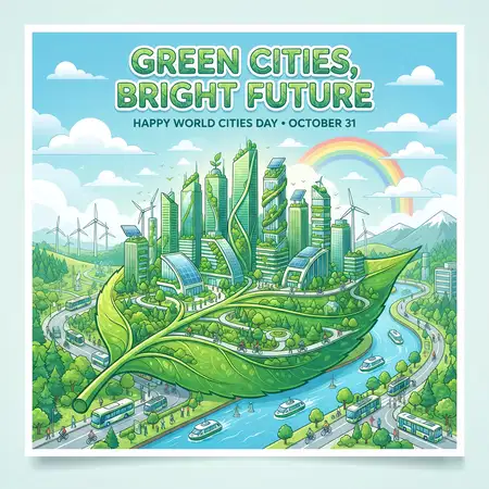 world cities day 2026 green buildings illustration - World Cities Day 2026