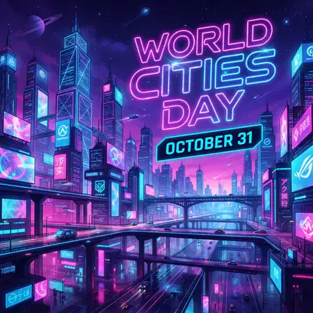world cities day 2026 neon city skyline design - World Cities Day 2026