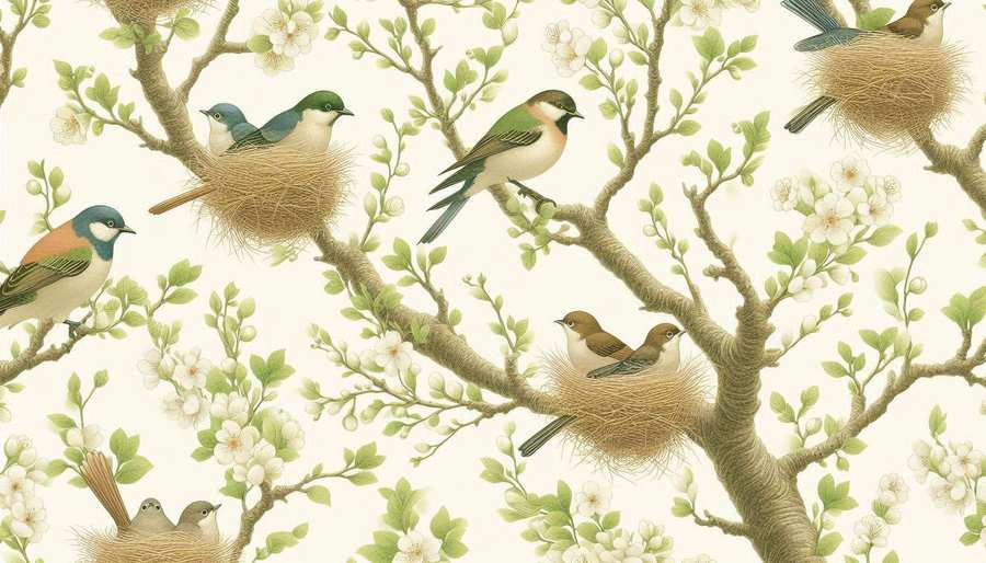 Birds In Nests Among Green Leaves And Spring Blossoms Mobile Wallpaper Design - Royalty Free Image | Pngmagic Free Download Birds In Nests Among Green Leaves And Spring Blossoms Mobile Wallpaper Design - High Quality Background