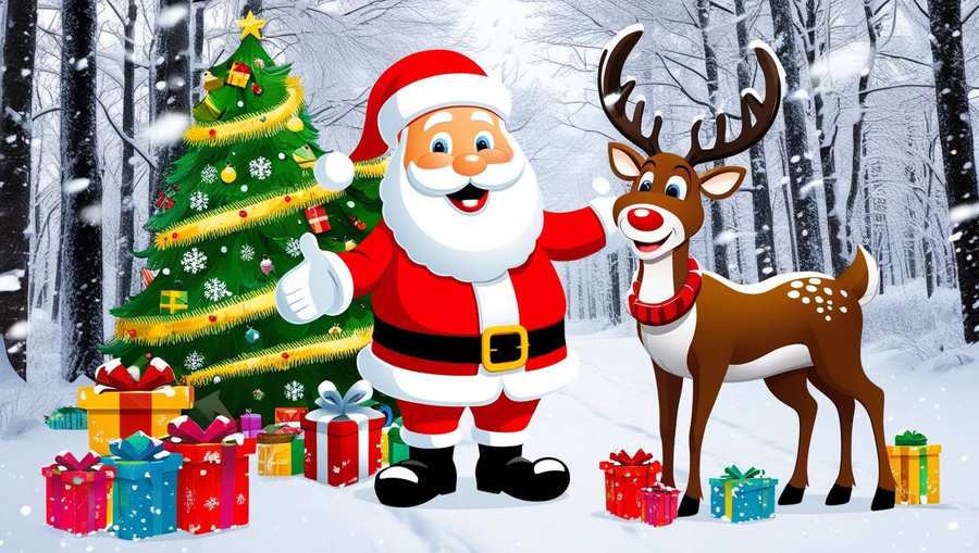 Cartoon Santa Claus And Reindeer Delivering Christmas Gifts - Royalty Free Merry Christmas Cartoon Santa Claus With Reindeer Image | Pngmagic Free Download Cartoon Santa Claus And Reindeer Delivering Christmas Gifts - High Quality Merry Christmas Cartoon Santa Claus With Reindeer Background