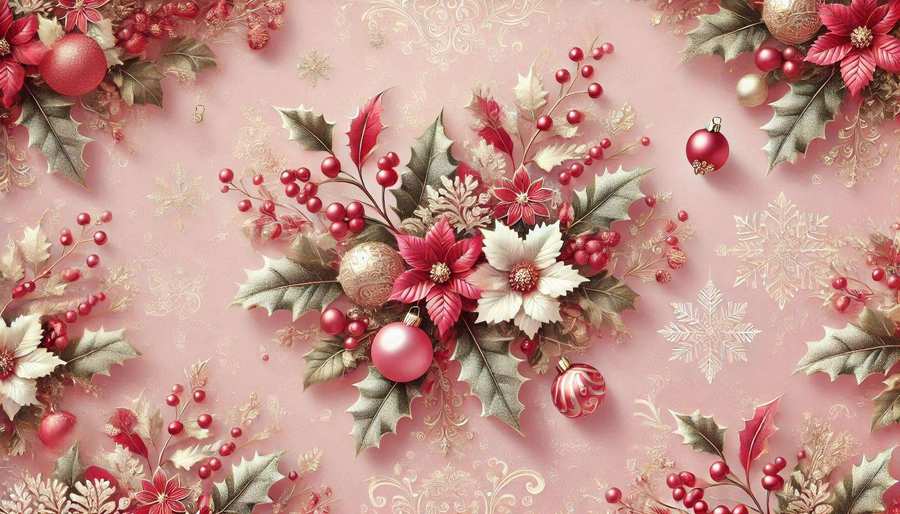 Classic Pink Christmas Wallpaper With Holly Leaves - Royalty Free Pink Christmas Wallpaper Image | Pngmagic Free Download Classic Pink Christmas Wallpaper With Holly Leaves - High Quality Pink Christmas Wallpaper Background