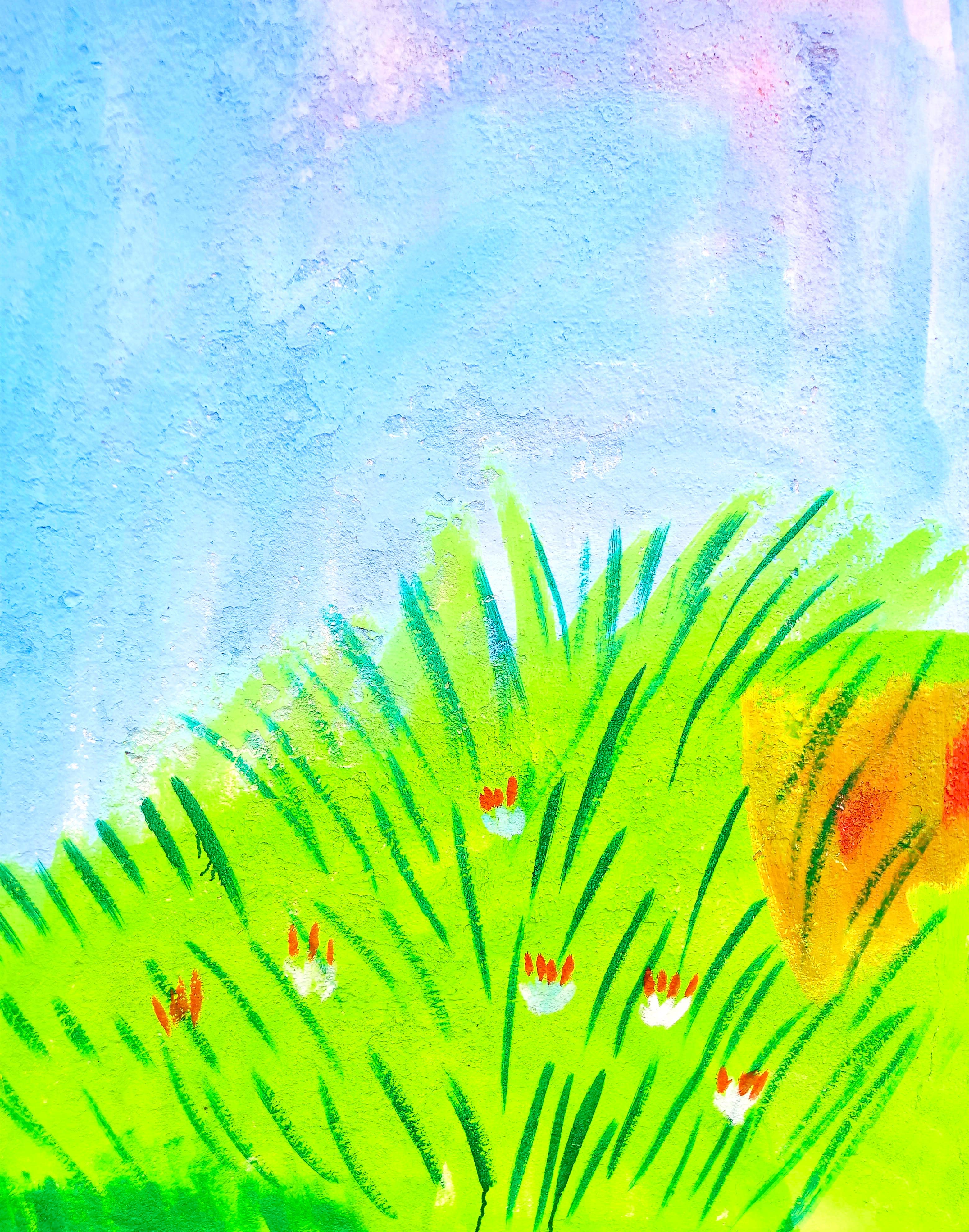 green grass wall painting with blue background