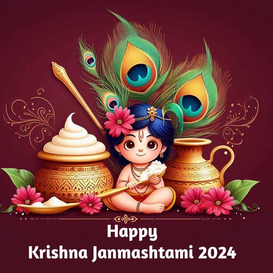 Happy Krishna Janmashtami Wallpaper Featuring Child Krishna And Makhan - Royalty Free Happy Krishna Janmashtami Image | Pngmagic Free Download Happy Krishna Janmashtami Wallpaper Featuring Child Krishna And Makhan - High Quality Happy Krishna Janmashtami Background