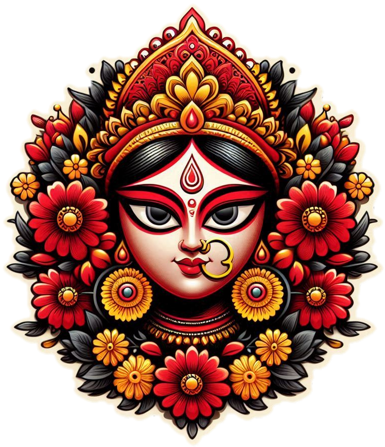 Free Download Hindu Goddess Devi Maa Durga Face Png With Red And Yellow Flowers - High Quality Maa Durga PNG Image