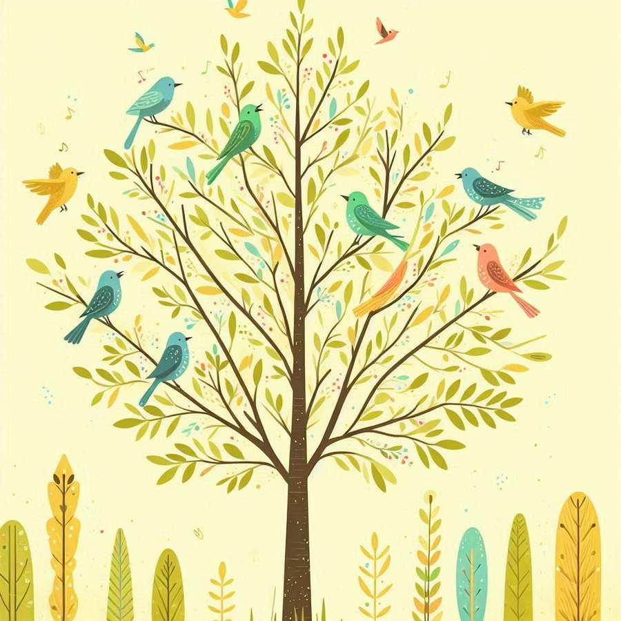 Light Yellow Backdrop With A Tree And Various Birds In Flight And Resting - Royalty Free Light Yellow Image | Pngmagic Free Download Light Yellow Backdrop With A Tree And Various Birds In Flight And Resting - High Quality Light Yellow Background