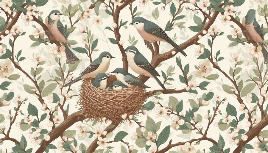 Nature-inspired Spring Wallpaper With Birds Tending Nests In A Blooming Tree - Royalty Free Image | Pngmagic Free Download Nature-inspired Spring Wallpaper With Birds Tending Nests In A Blooming Tree - High Quality Background