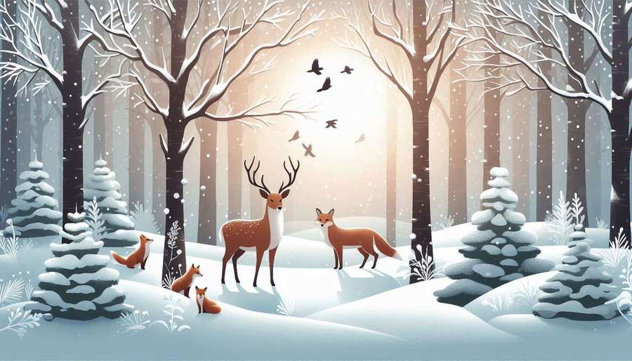 Peaceful Winter Wonderland Wallpaper Featuring Deer And Foxes In Snow-covered Woods - Royalty Free Nature Background Image | Pngmagic Free Download Peaceful Winter Wonderland Wallpaper Featuring Deer And Foxes In Snow-covered Woods - High Quality Nature Background Background
