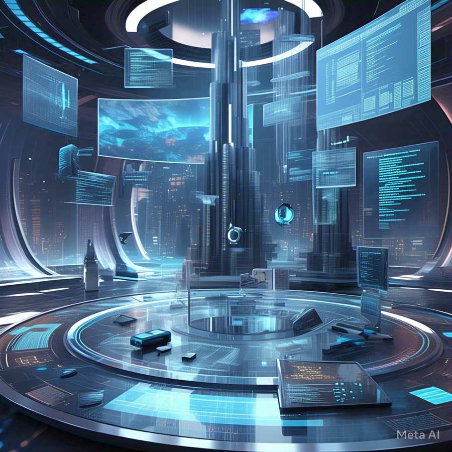 Sci-fi Technology Background With Floating Digital Elements - Royalty Free Technology Background Image | Pngmagic Free Download Sci-fi Technology Background With Floating Digital Elements - High Quality Technology Background Background