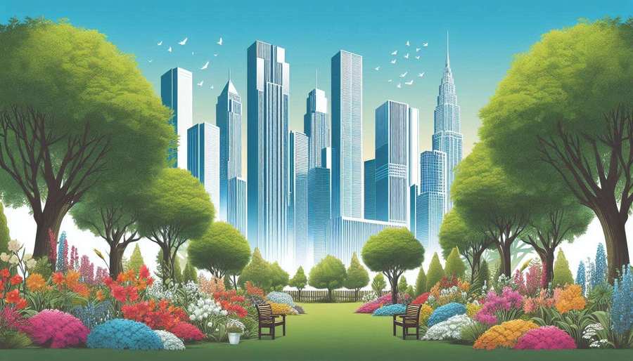 Tranquil Garden With Colorful Flowers And Trees Against A Backdrop Of Tall Skyscrapers - Royalty Free Nature Background Image | Pngmagic Free Download Tranquil Garden With Colorful Flowers And Trees Against A Backdrop Of Tall Skyscrapers - High Quality Nature Background Background