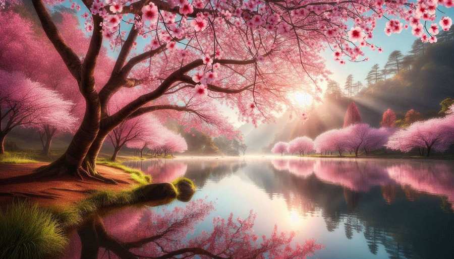 Tranquil Nature Background Showcasing Blooming Cherry Trees And Gentle Ripples - Royalty Free Image | Pngmagic Free Download Tranquil Nature Background Showcasing Blooming Cherry Trees And Gentle Ripples - High Quality Background