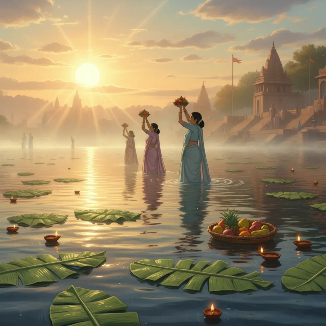 Free Download Artistic Chhath Puja Background With Sun And Water - High Quality Chhath Puja Background Background Image