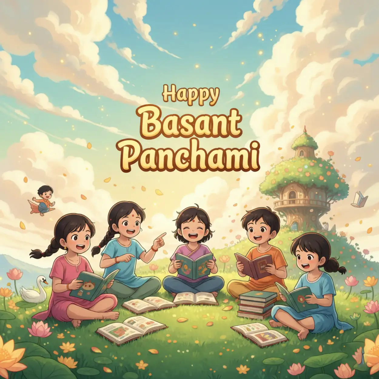 Free Download Basant Panchami Banner Ghibli Style - High Quality Basant Panchami Banner Background