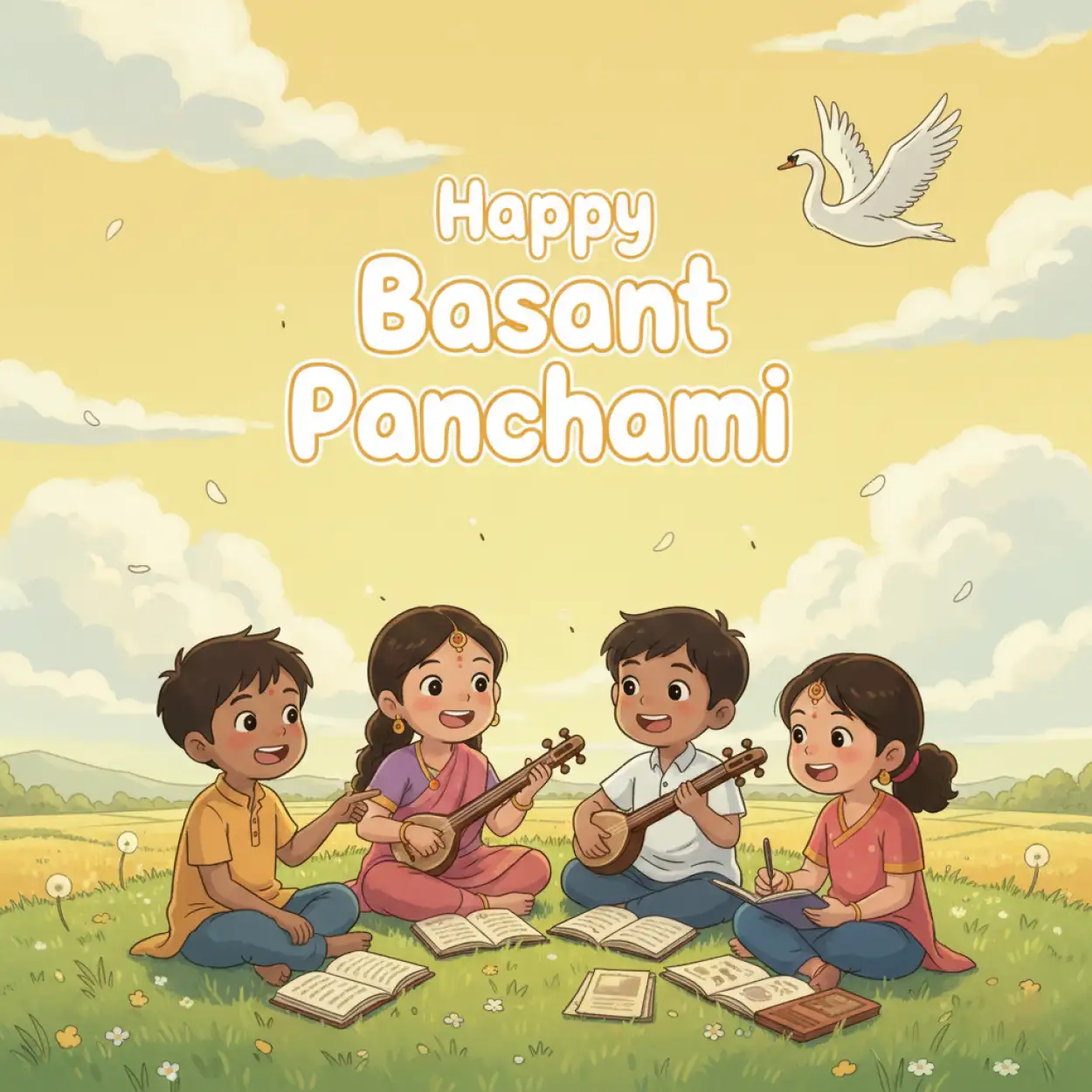 Free Download Basant Panchami Banner With Kids Illustration - High Quality Basant Panchami Banner Background
