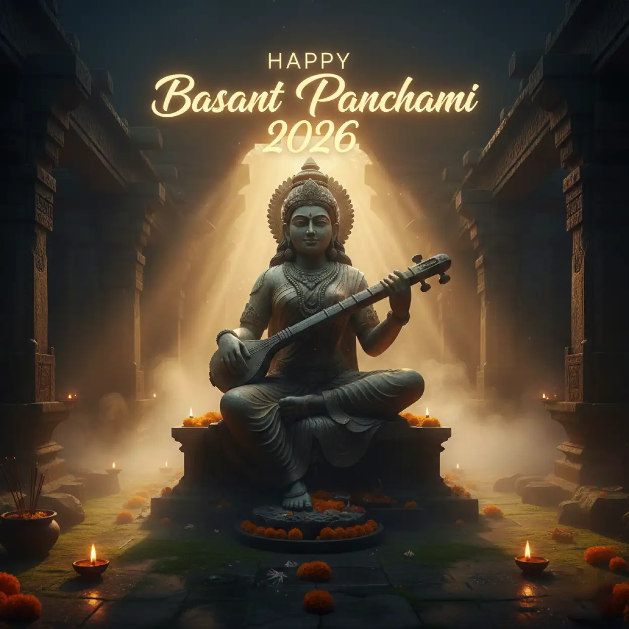 Free Download Basant Panchami Social Media Post With Veena - High Quality Basant Panchami Social Media Post Image