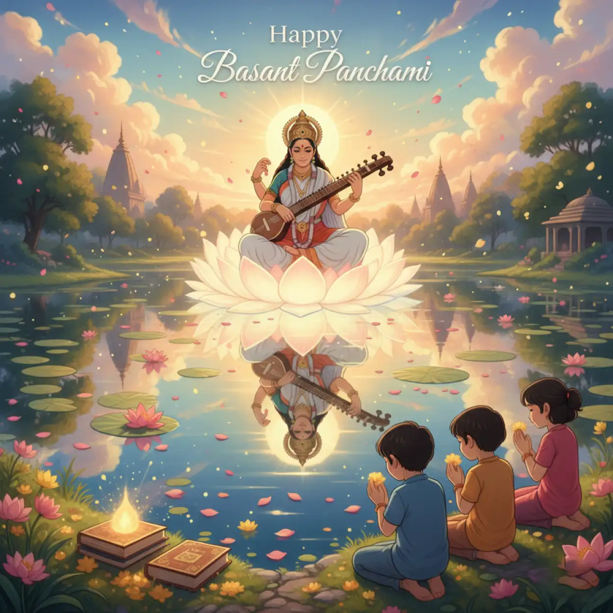 Free Download Basant Panchami Wishes With Goddess Saraswati - High Quality Happy Basant Panchami Wishes Image