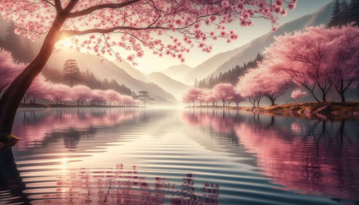 Beautiful Cherry Blossom Landscape Wallpaper With Soft Sunlight And Peaceful Lake - Royalty Free Image | Pngmagic Free Download Beautiful Cherry Blossom Landscape Wallpaper With Soft Sunlight And Peaceful Lake - High Quality Background