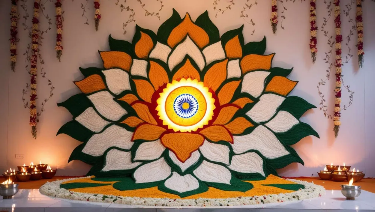 Beautiful Republic Day Rangoli With Flowers And Lamps - Royalty Free Republic Day Rangoli Image | Pngmagic Free Download Beautiful Republic Day Rangoli With Flowers And Lamps - High Quality Republic Day Rangoli Background