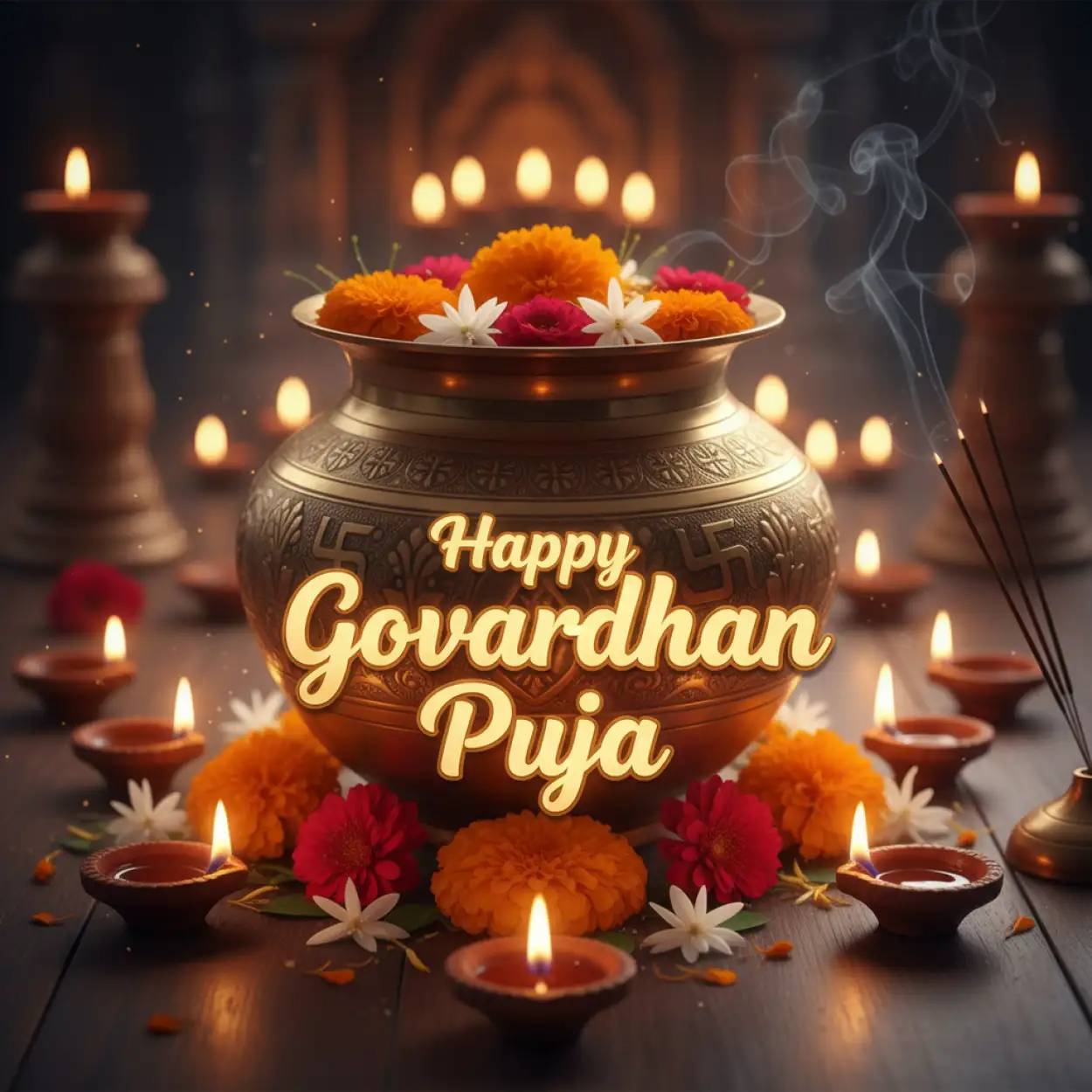 Free Download Candlelit Night Scene With Krishna Idol Silhouette - High Quality Happy Govardhan Puja 2025 Background