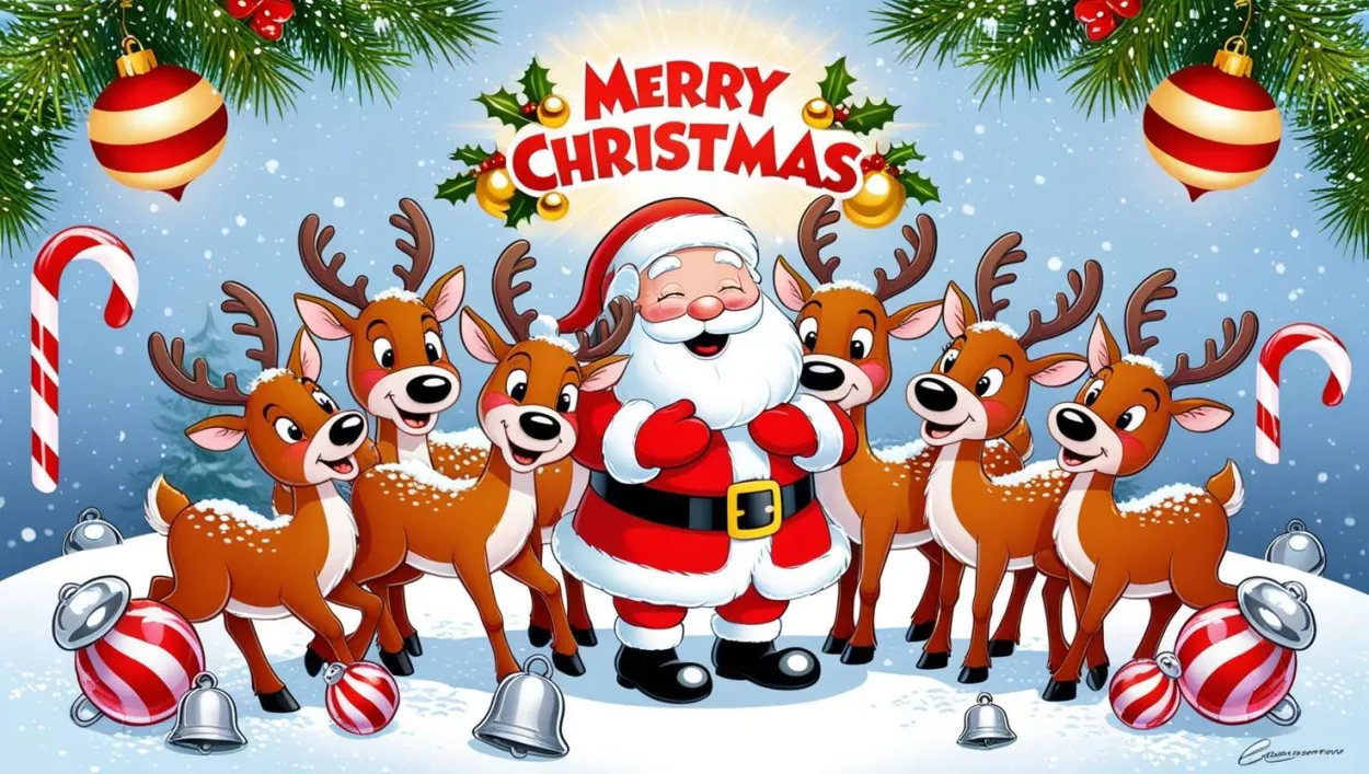 Cartoon Santa Claus Reindeer Pulling A Sleigh Full Of Gifts - Royalty Free Merry Christmas Cartoon Santa Claus With Reindeer Image | Pngmagic Free Download Cartoon Santa Claus Reindeer Pulling A Sleigh Full Of Gifts - High Quality Merry Christmas Cartoon Santa Claus With Reindeer Background