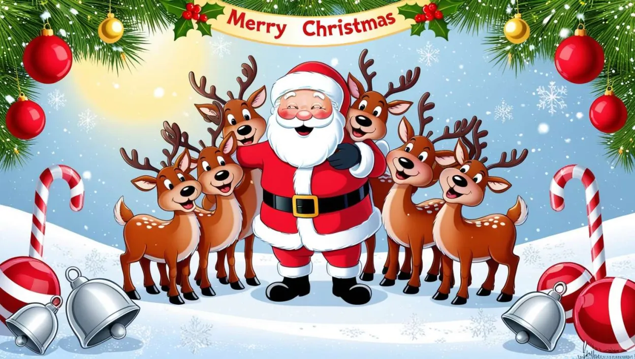 Free Download Cartoon Santa With Reindeer And Christmas Tree Illustration - High Quality Merry Christmas Cartoon Santa Claus With Reindeer Background