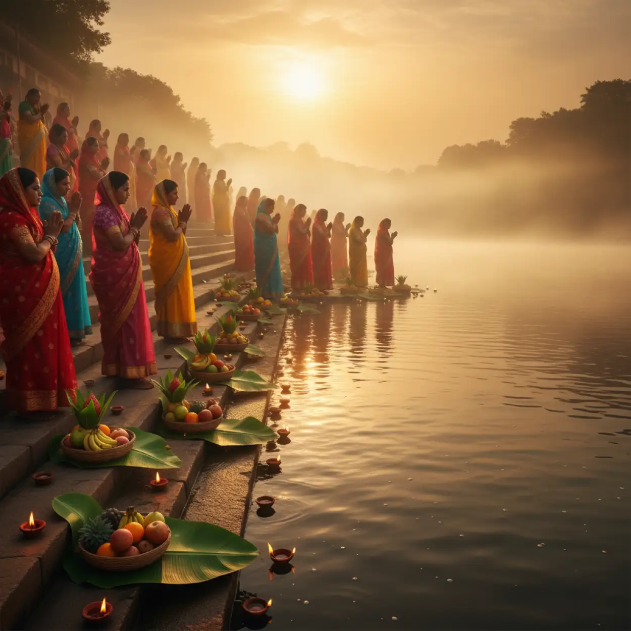 Free Download Chhath Puja Festival Background With Glowing Water Reflection - High Quality Chhath Puja Background Background Image