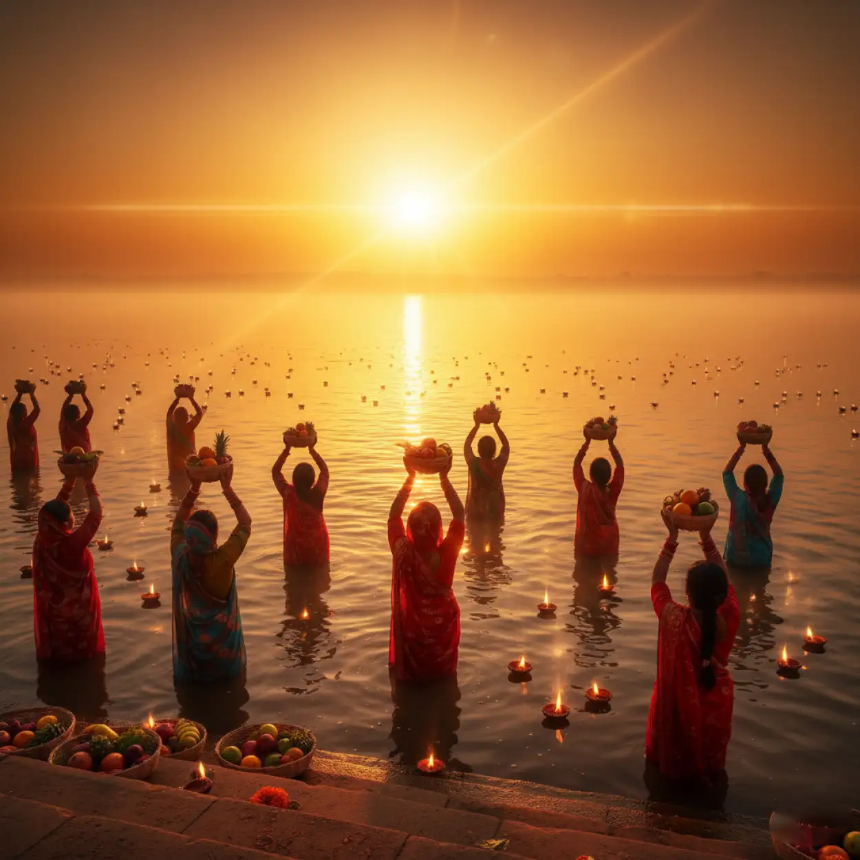 Free Download Chhath Puja Ghat Background With Decorative Lamps - High Quality Chhath Puja Background Background Image