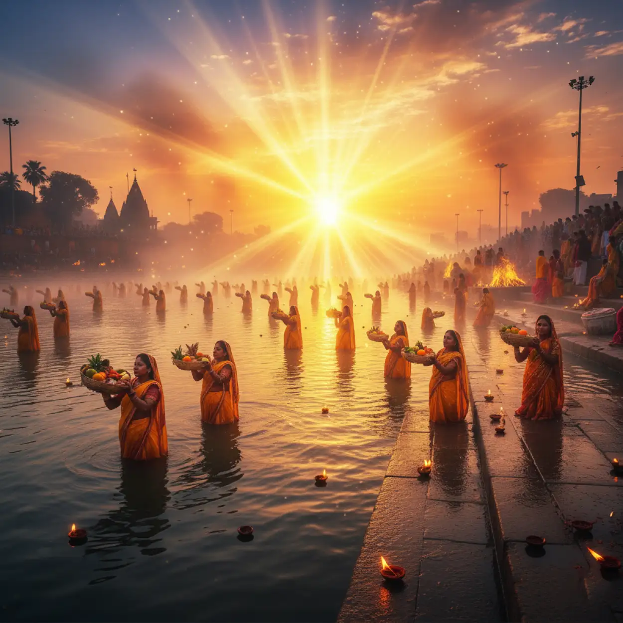 Free Download Chhath Puja Ghat Scene With Devotees And Baskets - High Quality Chhath Puja Background Background Image