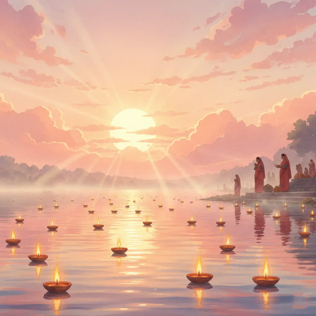 Free Download Chhath Puja Morning Background With Colorful Sky - High Quality Chhath Puja Background Background Image