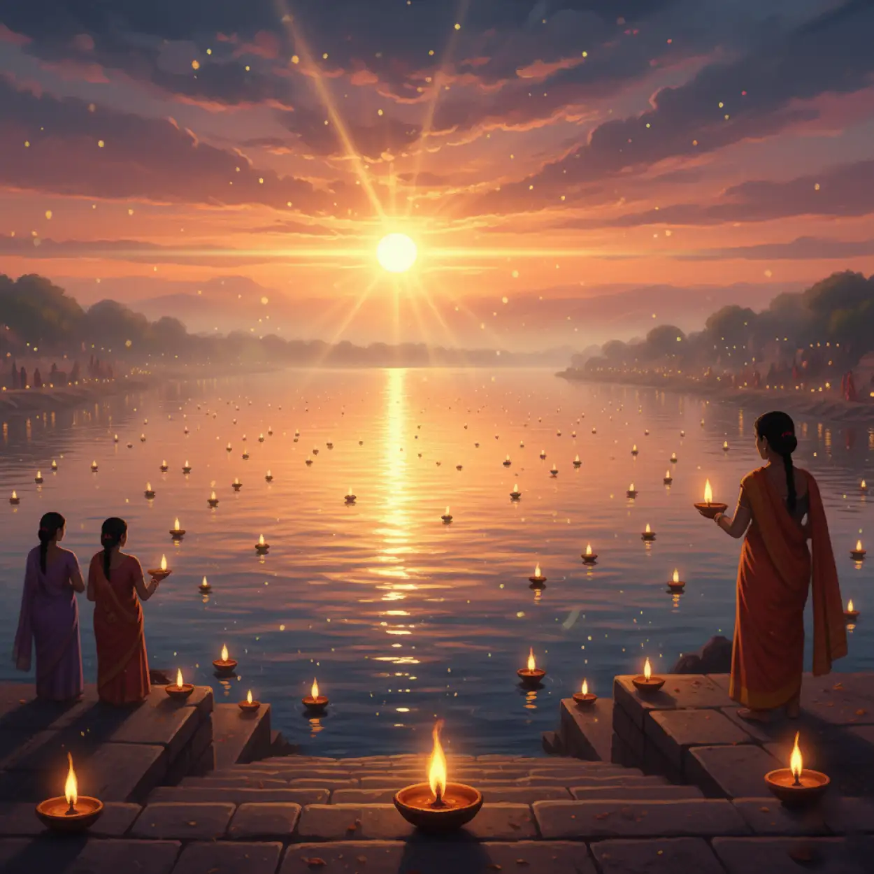 Free Download Chhath Puja Morning Scene Background With Golden Rays - High Quality Chhath Puja Background Background Image