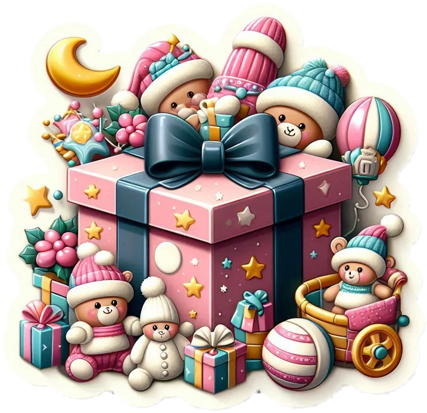 Free Download Christmas Gift Box For Babies With Soft Toys And Accessories - High Quality Gift Box PNG Image
