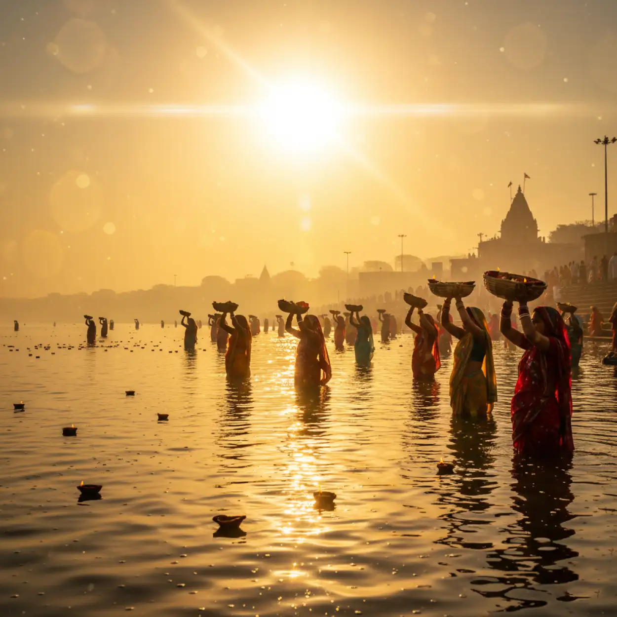 Free Download Colorful Chhath Puja Background With Diya And Water - High Quality Hhath Puja Background Background Image