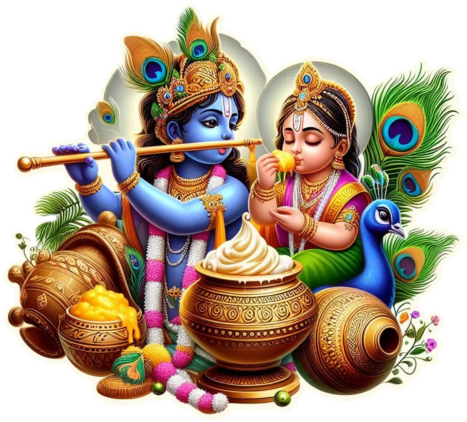 Free Download Creative Happy Krishna Janmashtami Png With Radha Krishna Dahi Handi Flute Peacock Feather And Baby Krishna Eating Butter - High Quality Happy Krishna Janmashtami PNG Image
