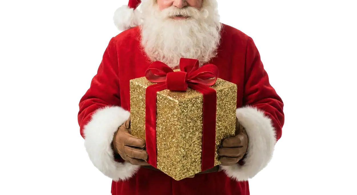 Cute Santa Claus Holding Gift Box Png - Royalty Free Santa Claus With Gifts Png Image | Pngmagic Free Download Cute Santa Claus Holding Gift Box Png - High Quality Santa Claus With Gifts Png PNG Image
