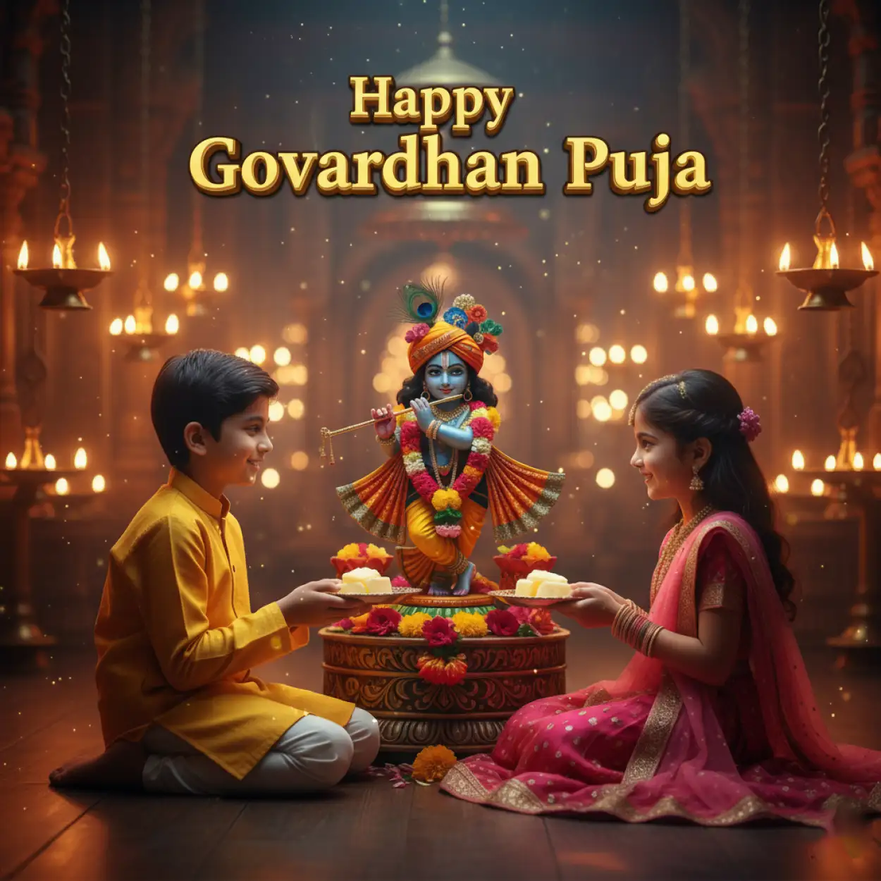 Free Download Devotee Lifting Small Clay Cow Idol Near Hill Replica - High Quality Happy Govardhan Puja 2025 Background