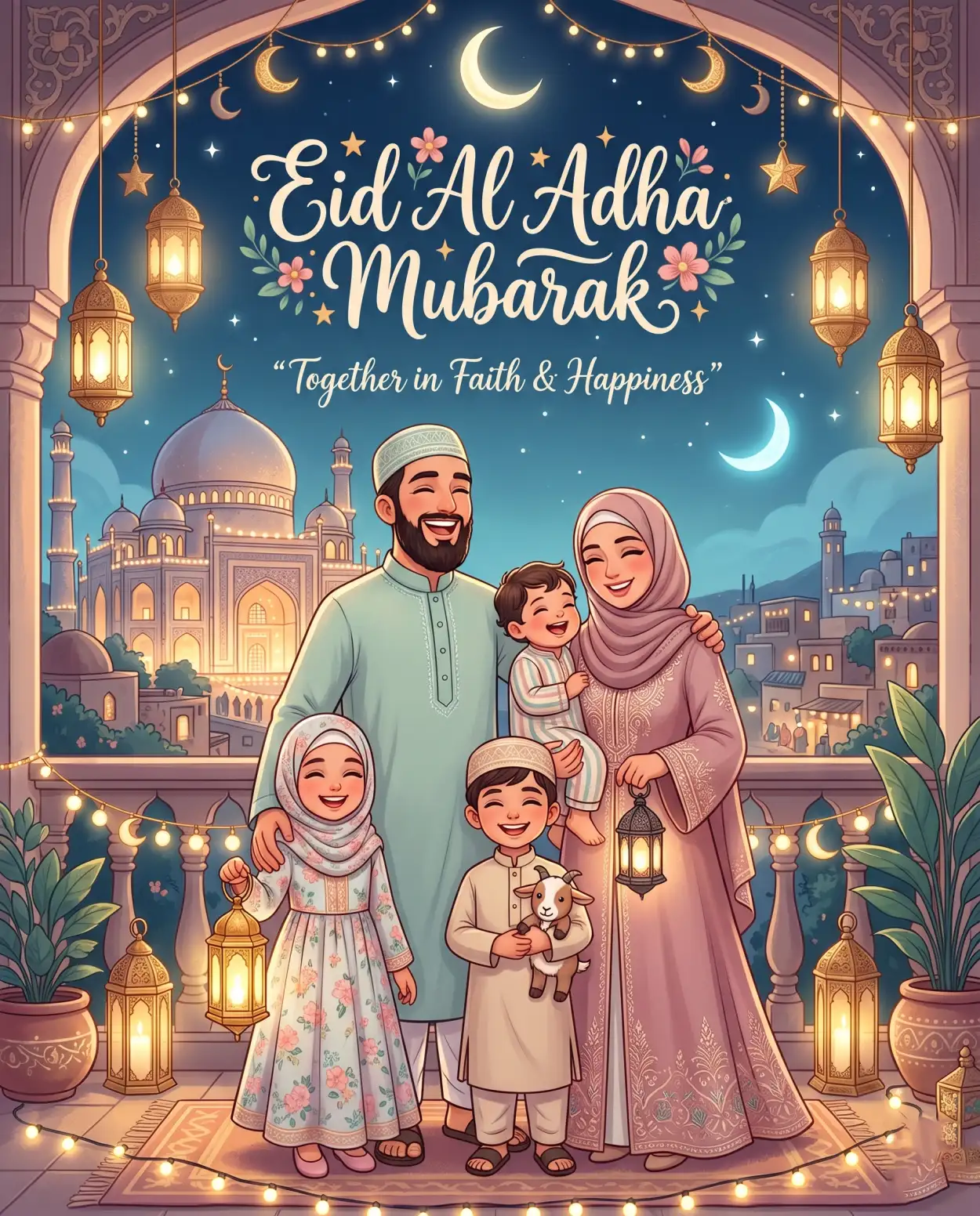 Free Download Eid Al Adha Greeting Card Family Wishes Template 2026 - High Quality Eid Al Adha Greeting Card 2026 Image