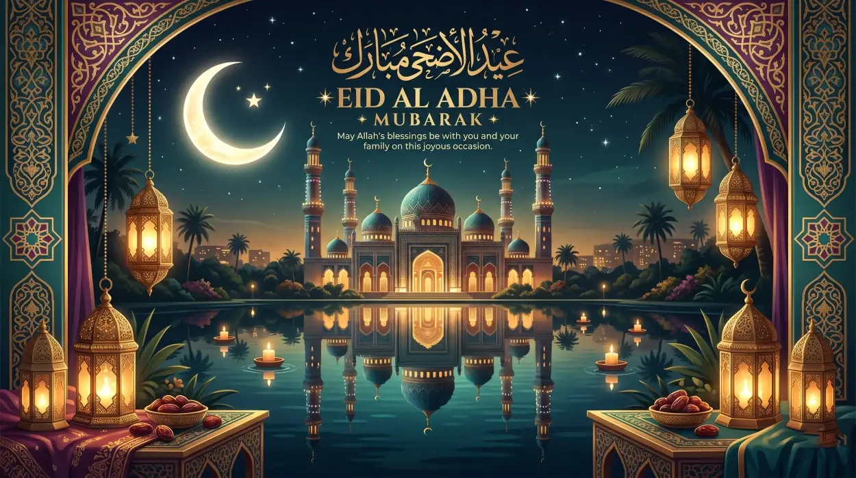 Free Download Eid Al Adha Greeting Card Glowing Effect 2026 - High Quality Eid Al Adha Greeting Card 2026 Image