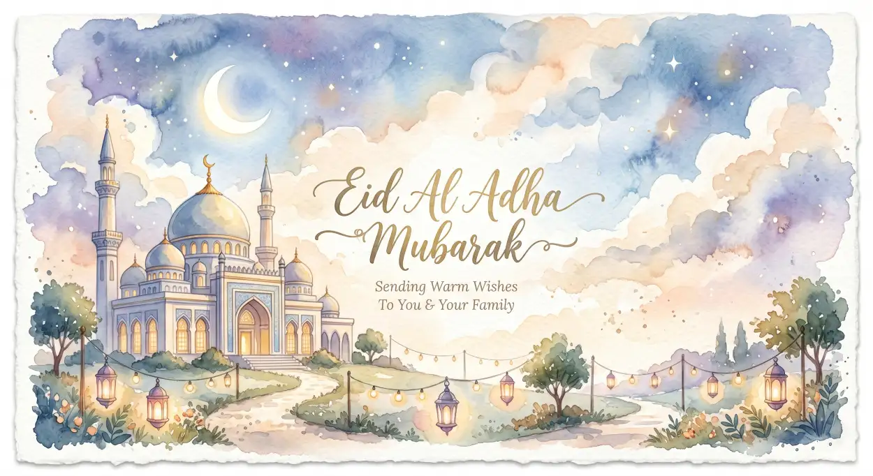 Free Download Eid Al Adha Greeting Card Watercolor Design 2026 - High Quality Eid Al Adha Greeting Card 2026 Image