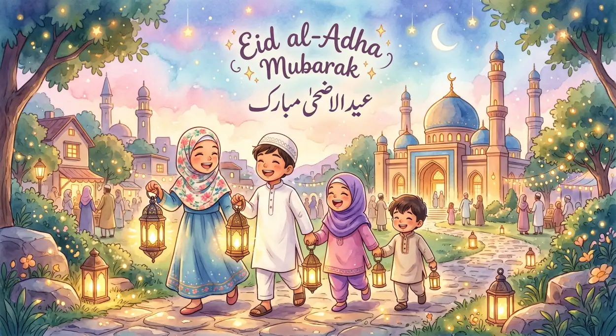 Free Download Eid Al Adha Mubarak 2026 Cute Islamic Cartoon Wallpaper - High Quality Eid Al Adha Mubarak 2026 Image