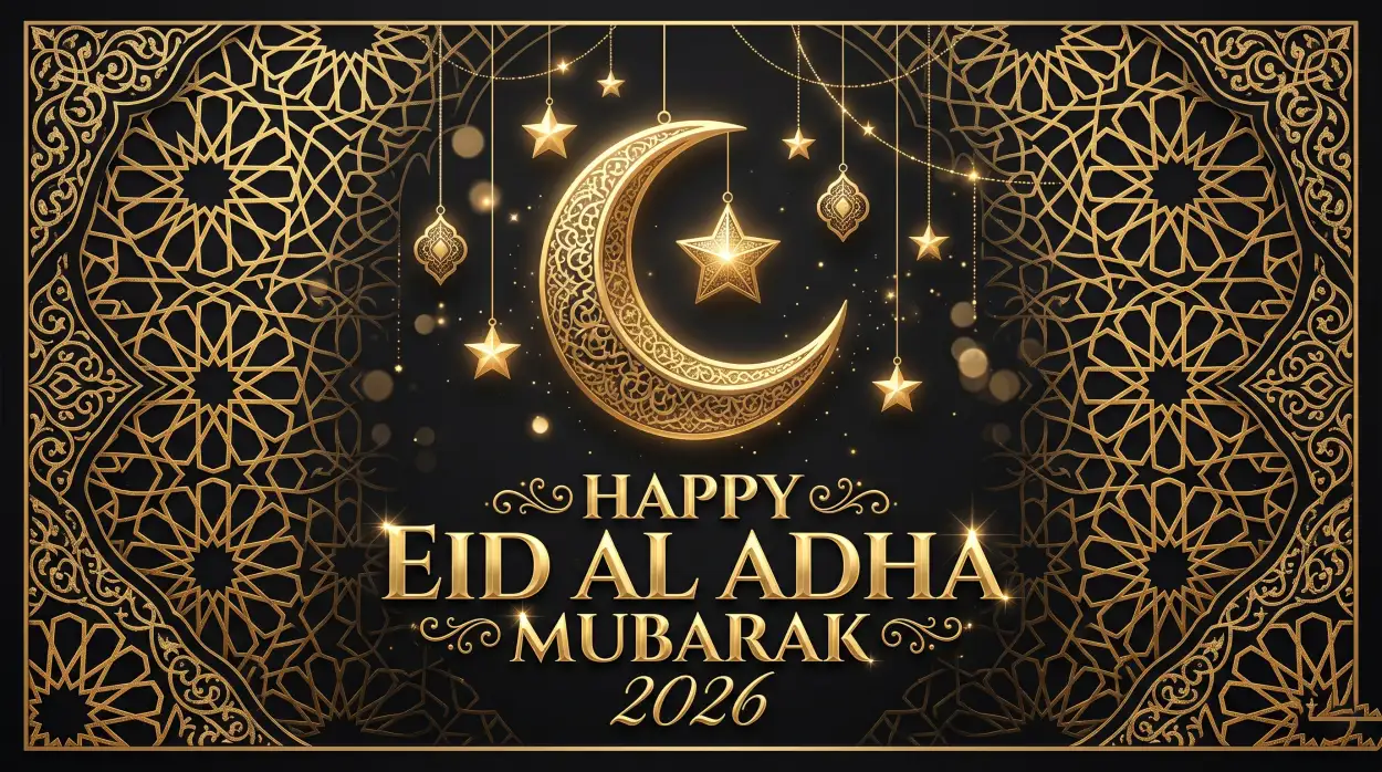 Free Download Eid Al Adha Mubarak 2026 Glitter Gold Islamic Backdrop - High Quality Eid Al Adha Mubarak 2026 Image