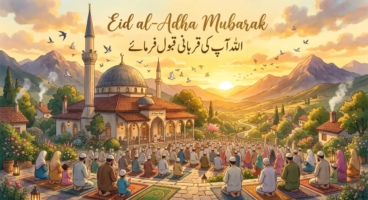 Free Download Eid Al Adha Mubarak 2026 Modern Mosque Illustration - High Quality Eid Al Adha Mubarak 2026 Image