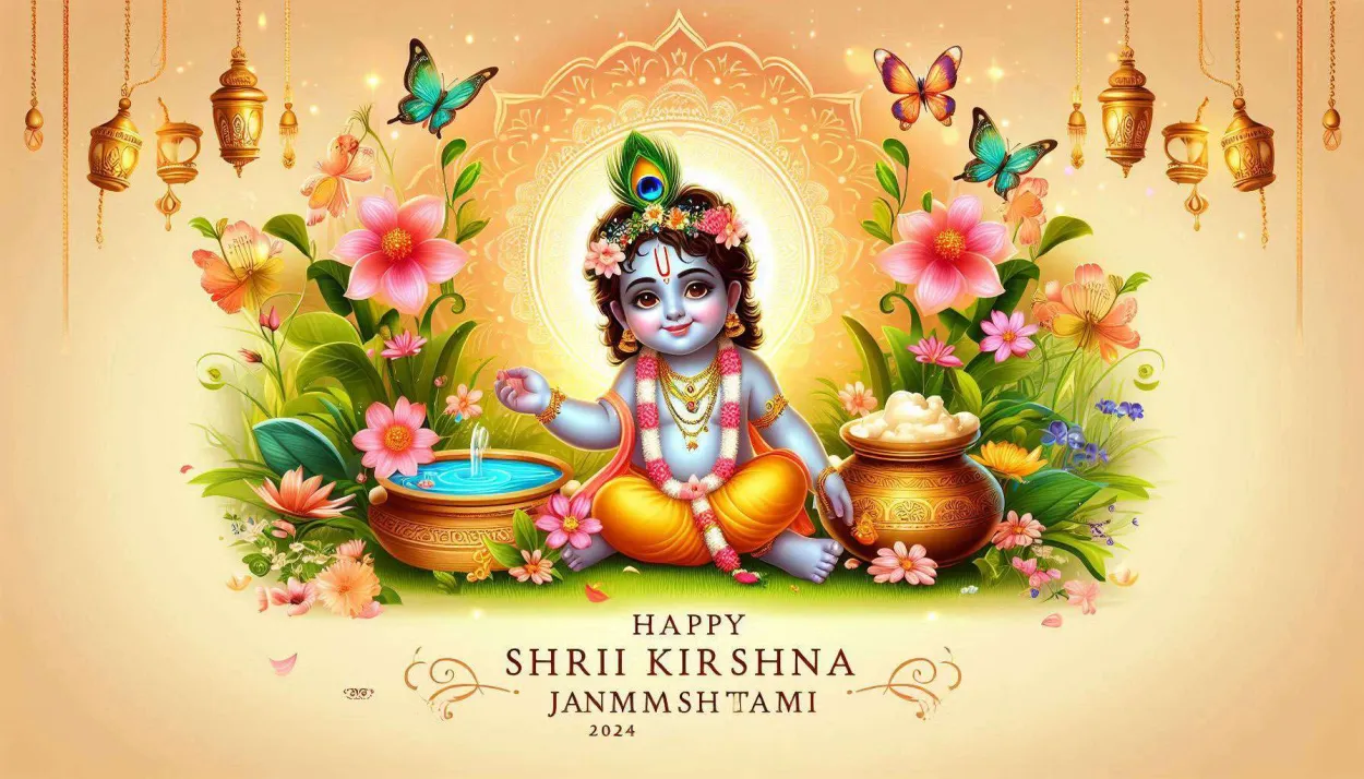 Festive Krishna Janmashtami Wishes With Flute And Butter Pot Images - Royalty Free Appy Krishna Janmashtami Image | Pngmagic Free Download Festive Krishna Janmashtami Wishes With Flute And Butter Pot Images - High Quality Appy Krishna Janmashtami Background