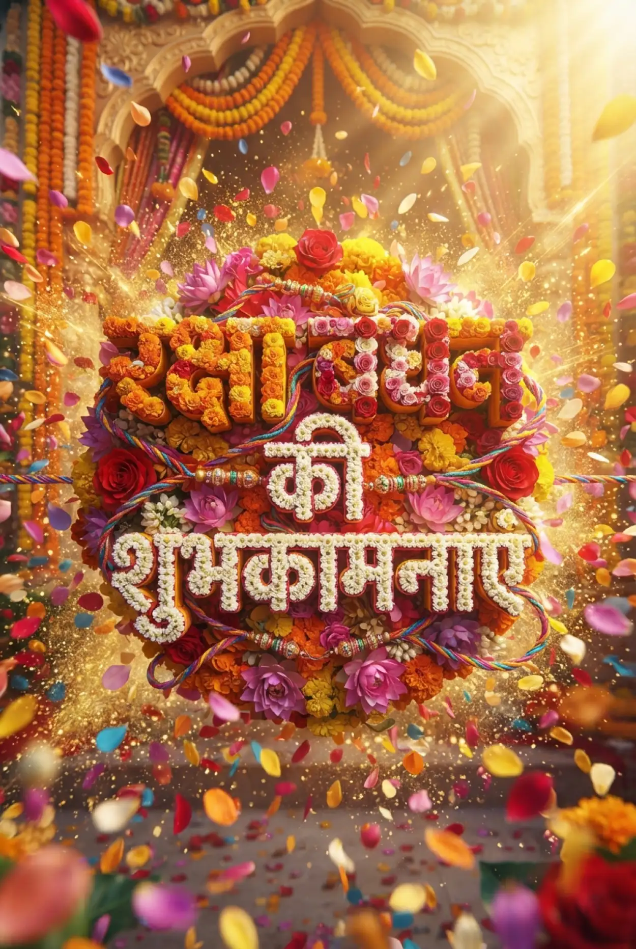 Free Download Flower Shower And Giant Hindi Text Raksha Bandhan Creative Image - High Quality Raksha Bandhan Ki Shubhkamnaye In Hindi Image