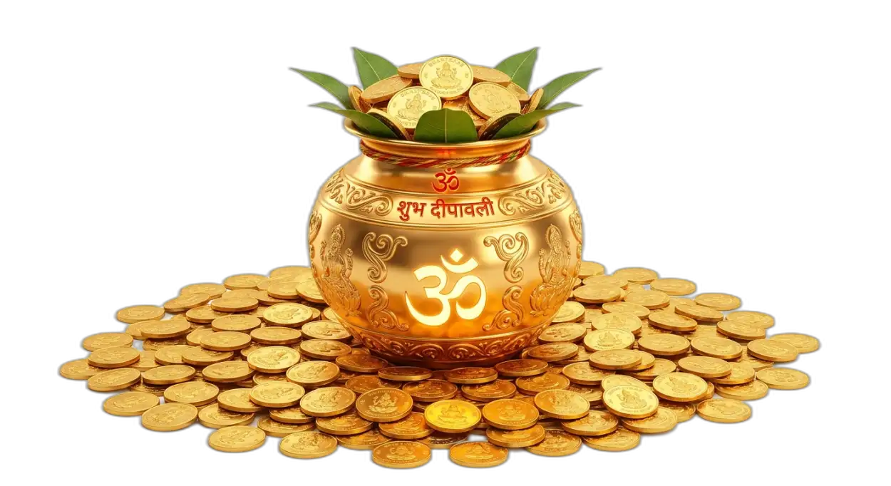 Free Download Ganesh Chaturthi Kalash With Coins Png Image - High Quality Golden Puja Kalash With Gold Coins Png Transparent PNG