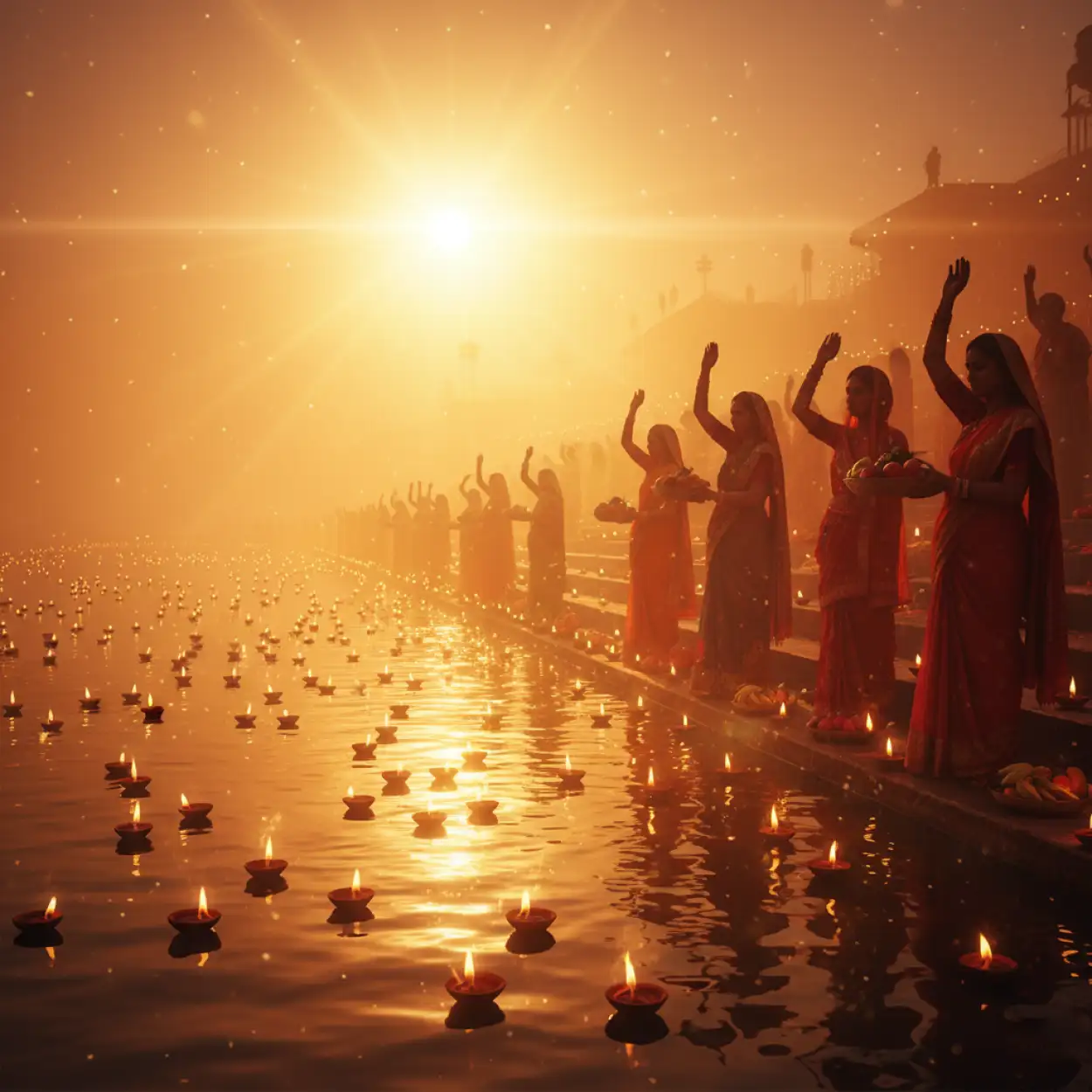 Free Download Glowing Sunrise Chhath Puja Background With Sun Reflection - High Quality Chhath Puja Background Background Image