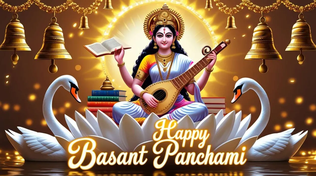 Free Download Goddess Saraswati Sitting On Lotus Png Hd - High Quality Happy Basant Panchami Transparent PNG