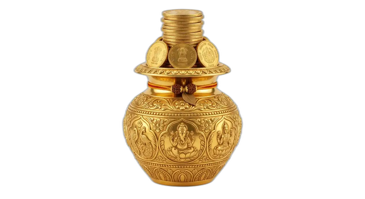 Free Download Golden Kalash With Coins For Akshaya Tritiya Png - High Quality Golden Puja Kalash With Gold Coins Png Transparent PNG